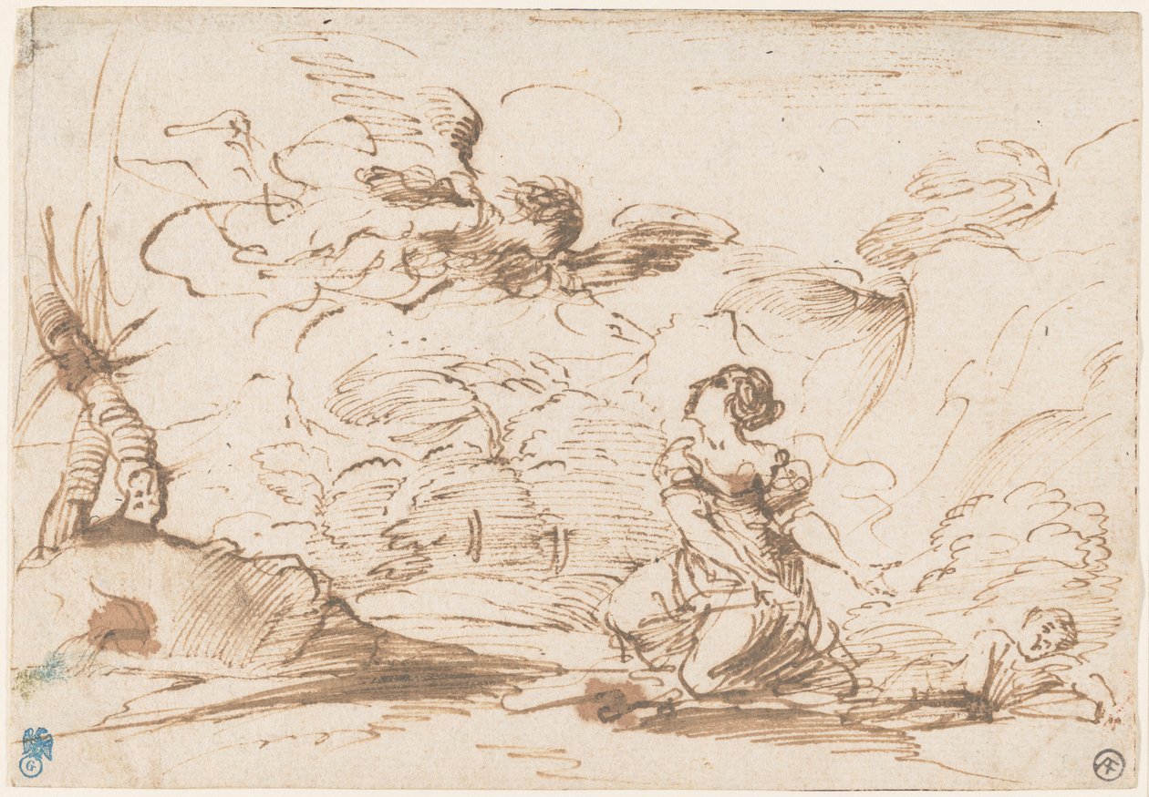 The Angel Appearing to Hagar and Ishmael in the Wilderness, ca. 1645 (pen og brunt blæk med brun vask på lagenpapir) af Pier Francesco Mola