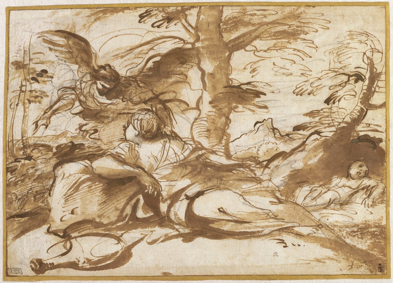 Englen, der viser sig for Hagar i ørkenen (recto) af Pier Francesco Mola