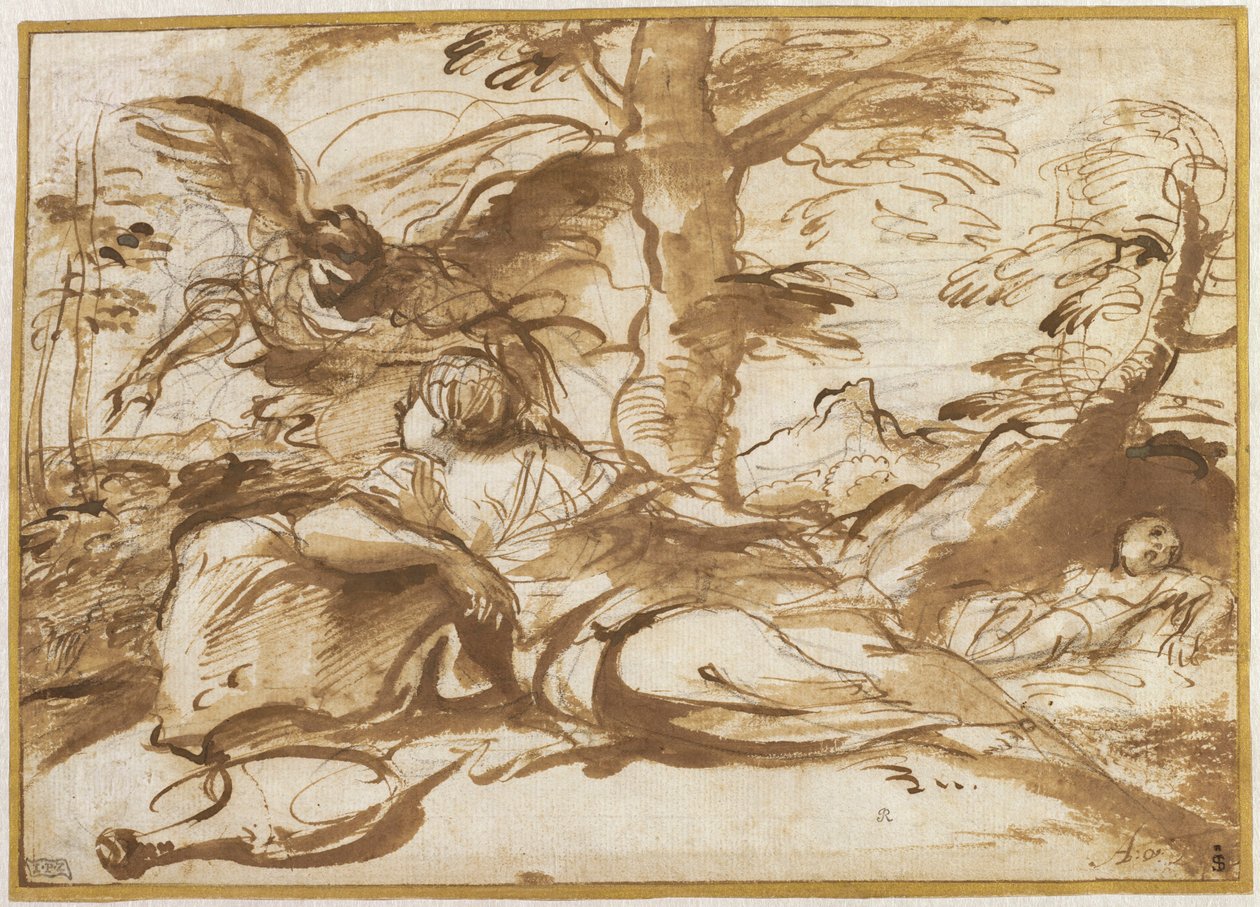 Englen, der viser sig for Hagar i ørkenen (recto), ca. 1660 (blæk og tegning) af Pier Francesco Mola