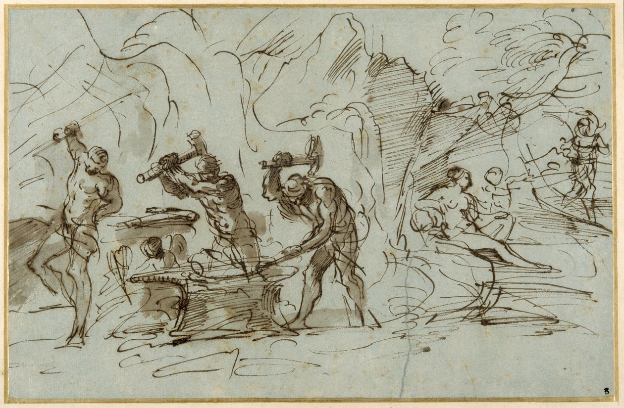 The Forge of Vulcan (pen & blæk med vask, forhøjet med gouache på papir) af Pier Francesco Mola