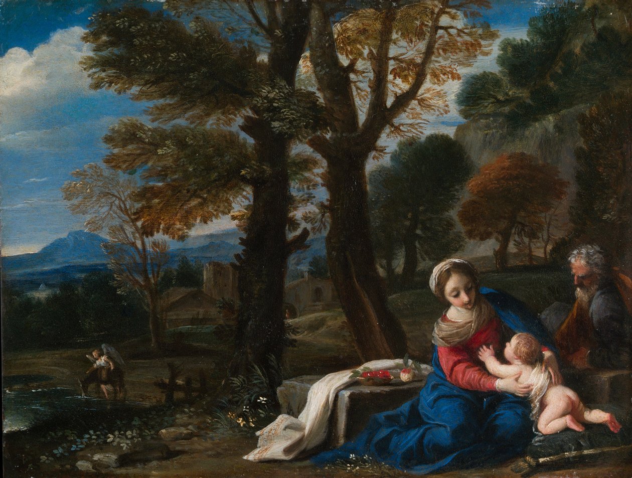 Resten på flugten til Egypten, ca. 1645 (olie på kobber) af Pier Francesco Mola