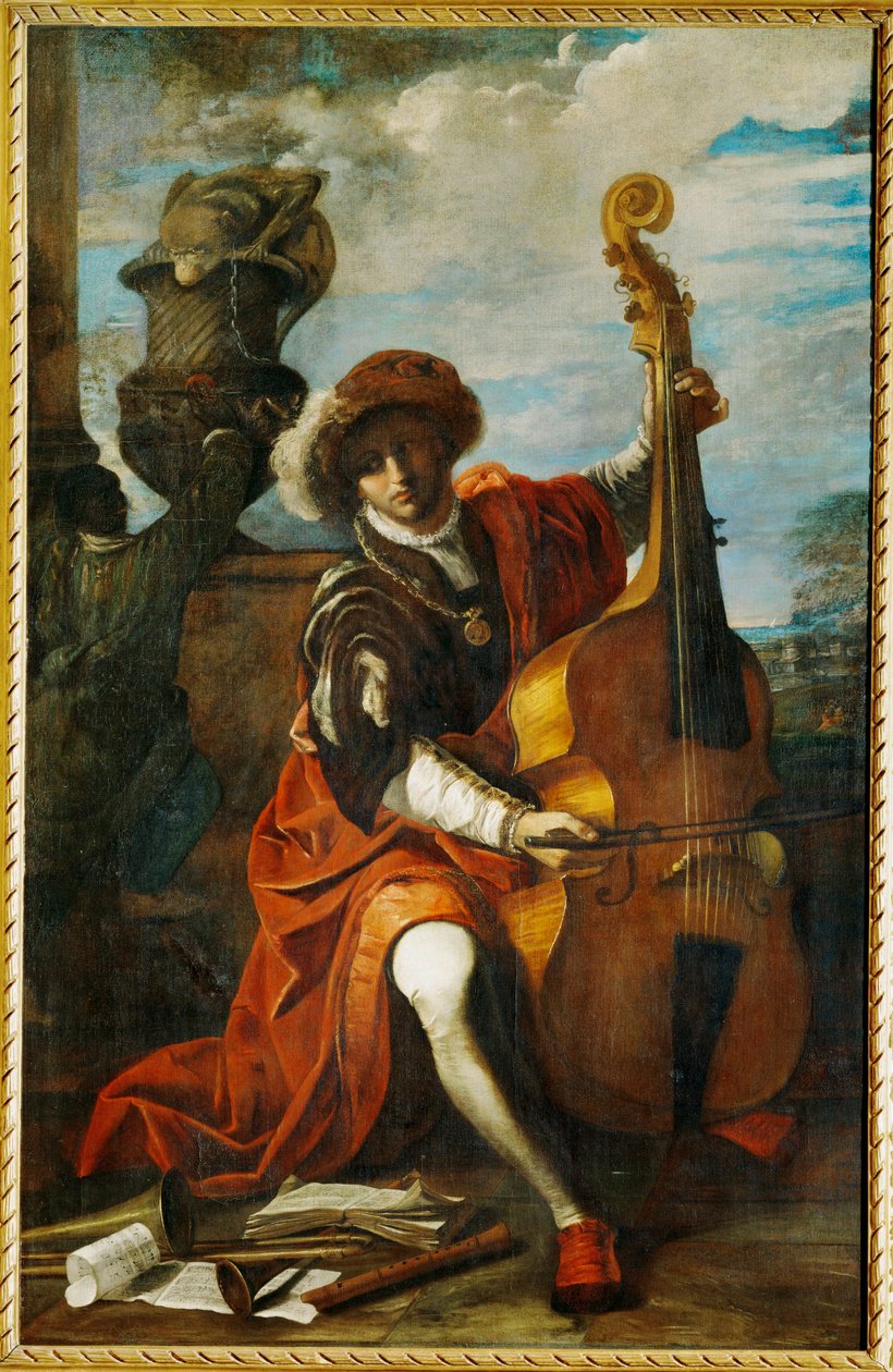 Ung musiker med en viola da gamba, muligvis den berømte musiker fra Cappella Pontifica Bonaventura Argenti (maleri på lærred) af Pier Francesco Mola