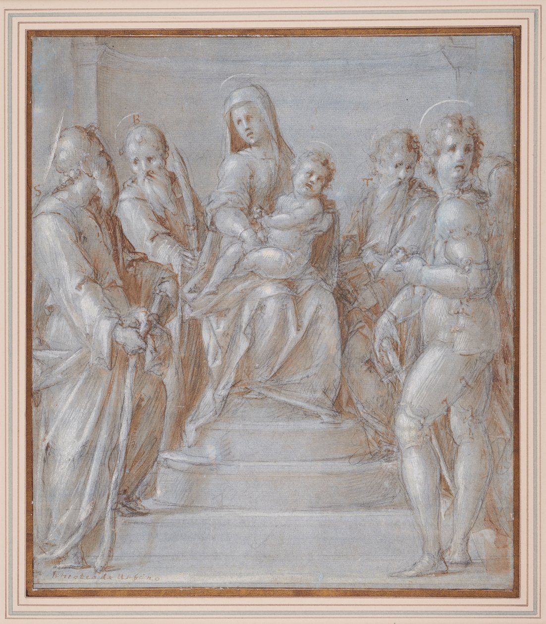 Jomfruen og barnet troner med hellige, ca. 1525 (pen og brunt blæk og vask over sort kridt) af Pier Francesco & Puligo Domenico (1492 1527) Foschi