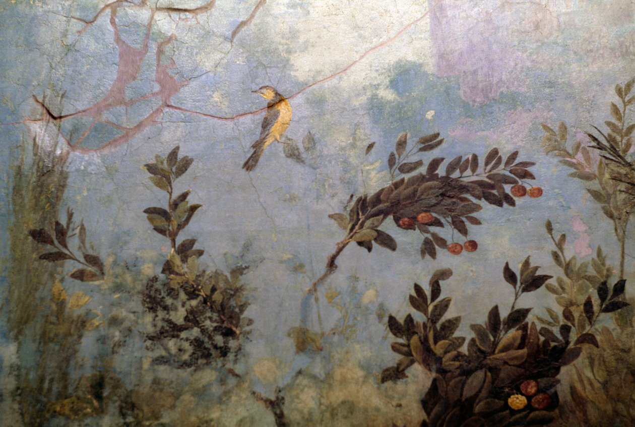 Fugl, detalje fra en fresco, der viser en have med træer og fugle, fra Huset Livia på Palatinerhøjen, Rom, Italien. romersk civilisation af Blaise Nicolas Le Sueur