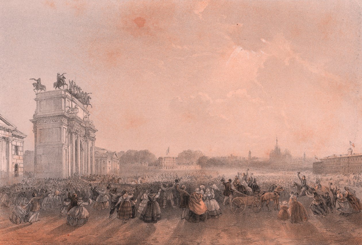 Indgangen til Vittorio Emanuele II og Napoleon II i Milano, Lombardiet af Blaise Nicolas Le Sueur