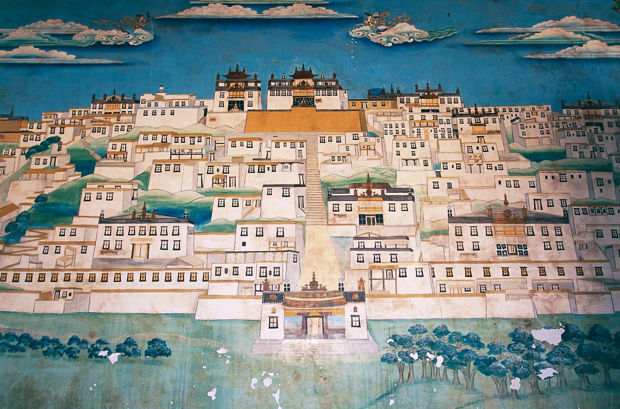 Fresko af byen i Ganden Sumtsenling Kloster (gompa), Zhongdian (på tibetansk Gyalthang, omdøbt i 2001 til Shangri-La af den kinesiske regering for at fremme turismen i dette område af det tibetanske højplateau), Yunnan-provinsen, Kina af Blaise Nicolas Le Sueur