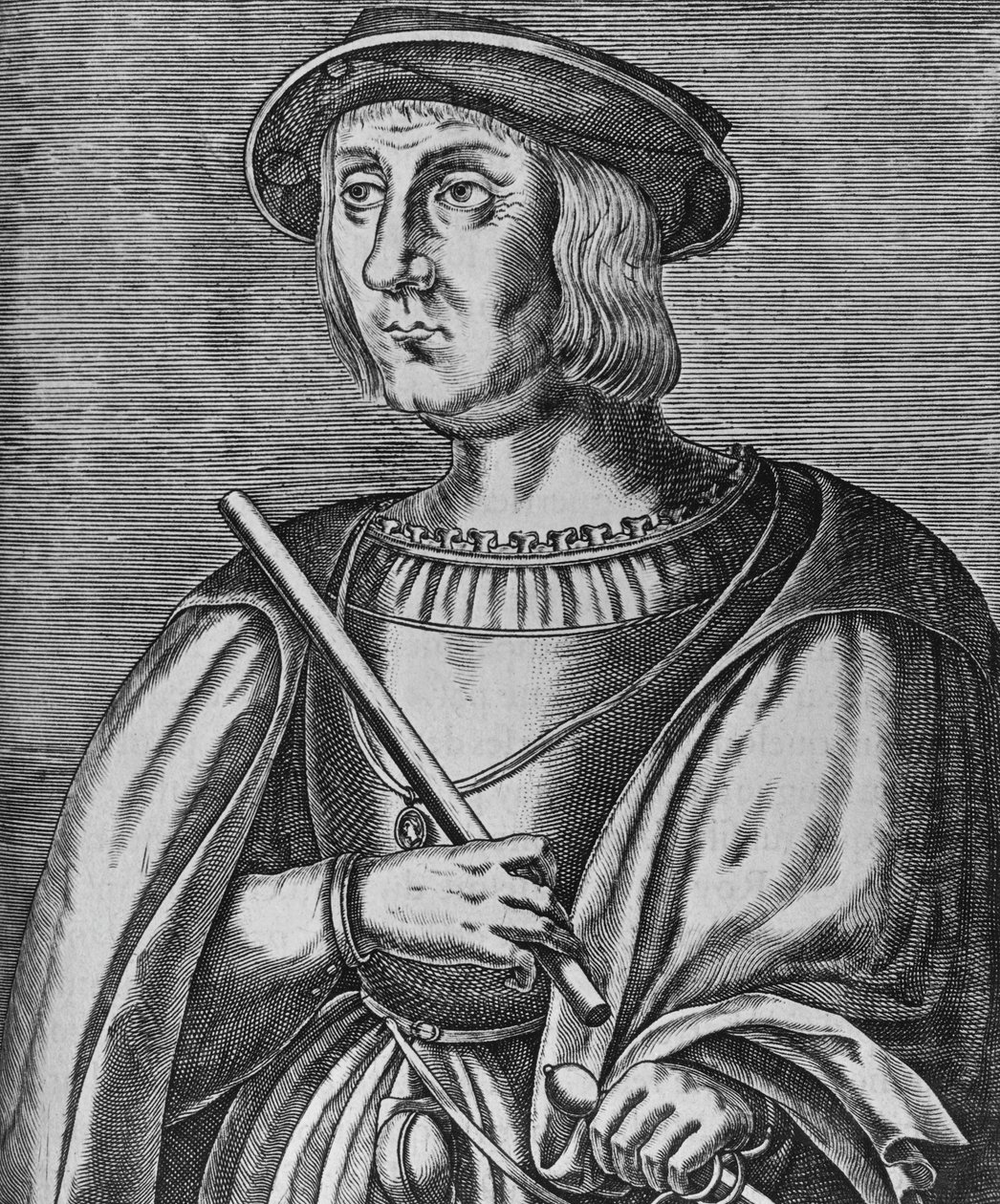 Portræt af Jacques II de Chabannes de La Palice (ca 1470-1525), fransk militærofficer, herre af La Palice, af Pacy, af Chauverothe, af Bort-le-Comte og af Heron, gravering af Blaise Nicolas Le Sueur