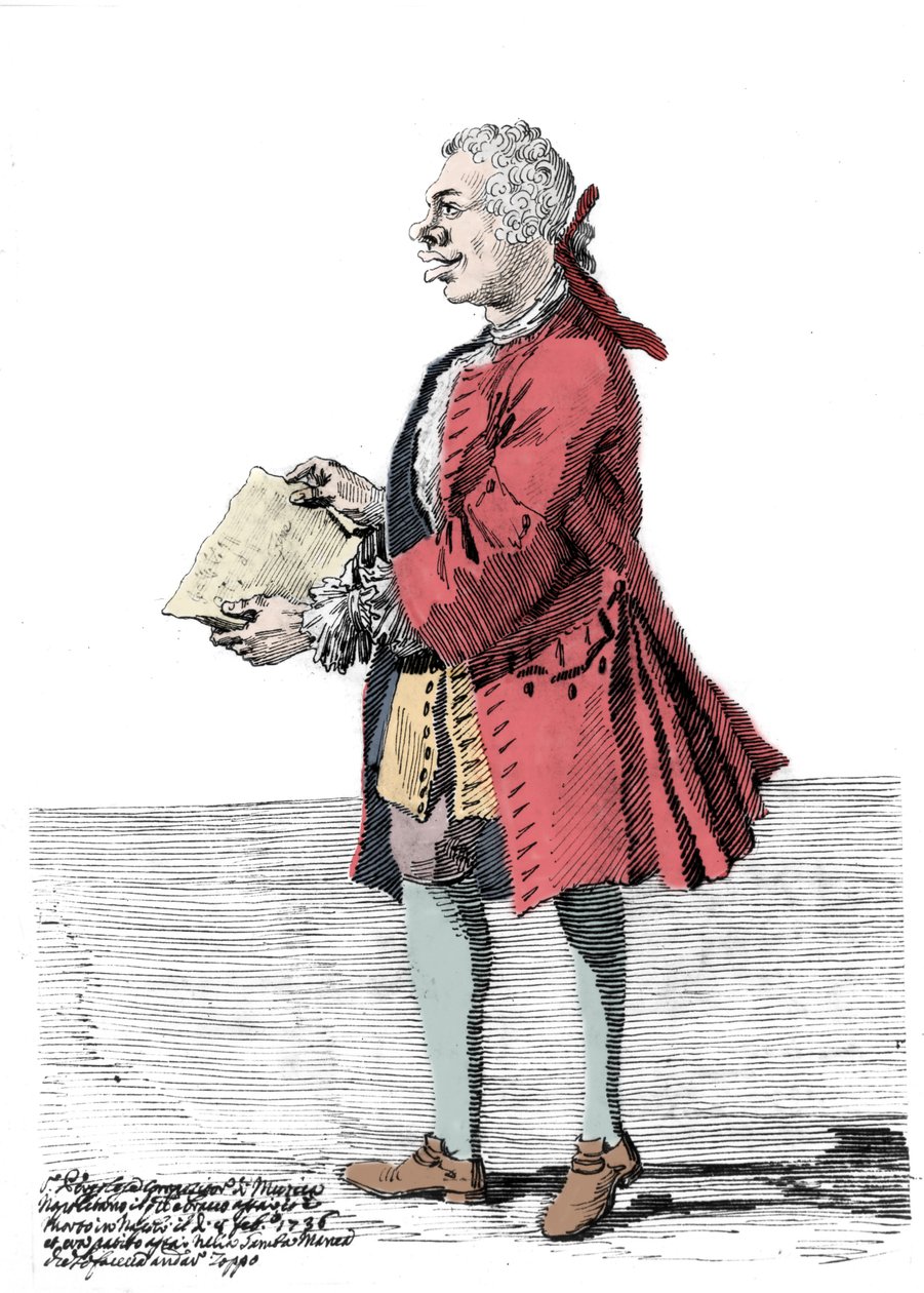 Tegnefilm af Giovanni Battista Pergolesi (Jean Baptiste Pergolese, Jean-Baptiste) (1710 - 1736). Tegning af Pier Leone Ghezzi (1674 - 1755), som fortæller, at komponisten led af et handicap i det ene ben og var halt. 1736. af Pier Leone Ghezzi