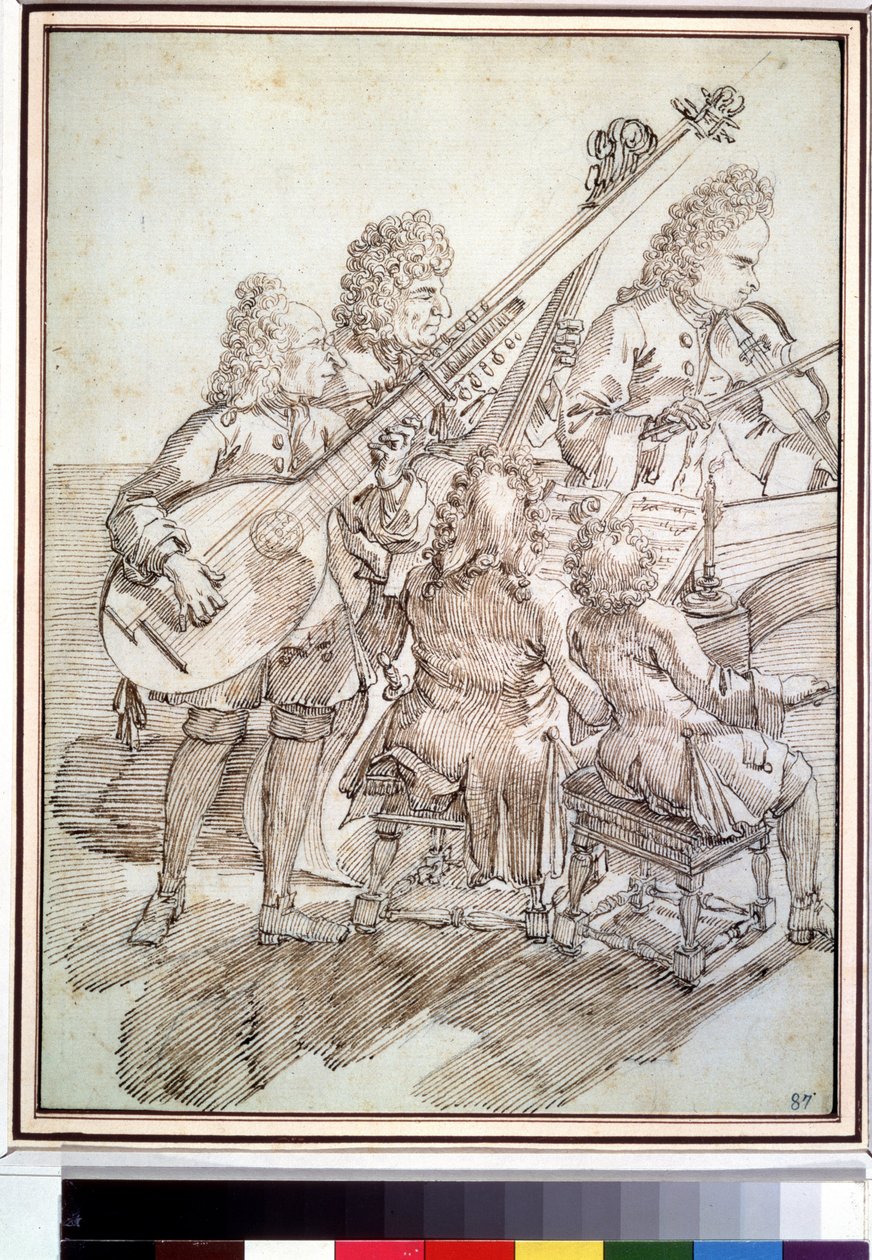 ""Koncerten"" Karikatur, der repræsenterer en koncert af fem musikere (kvintet) på lut, violin, klaver, cello. Pen og blæk tegning af Pier Leone Ghezzi (1674-1755) Pushkin Museum fra det 18. århundrede, Moskva af Pier Leone Ghezzi