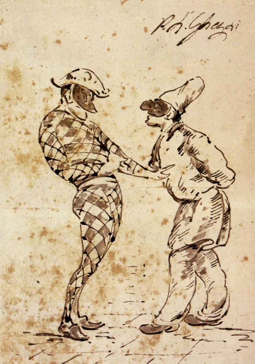 Teater: Polichinelle og Harlekin, figurer fra Commedia dell