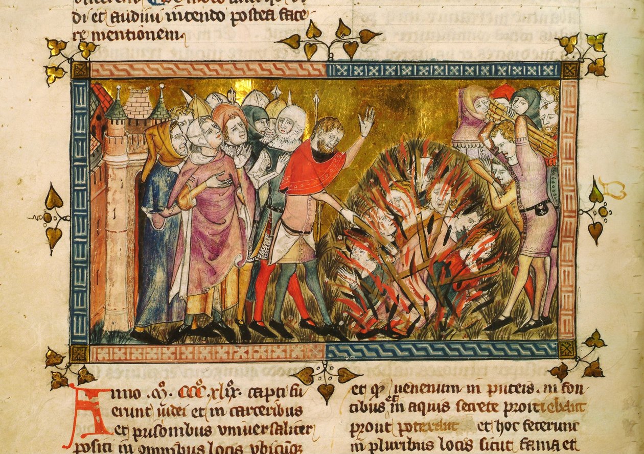 Afbrænding af jøderne i 1349. Miniature fra: Tractatus Quartus af Gilles de Muisit, ca. af Pierart dou Tielt
