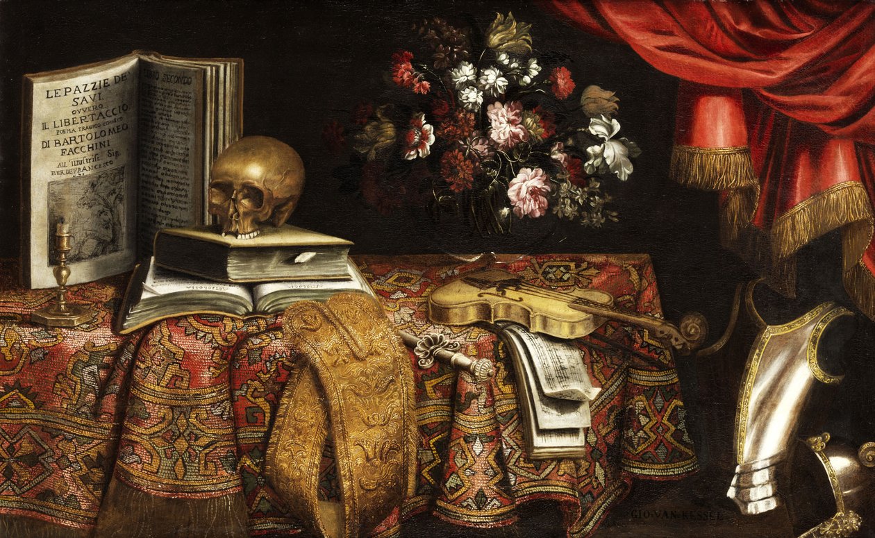 Vanitas stilleben med violin, musikbog, blomstervase og kranium af Pierfrancesco Cittadini