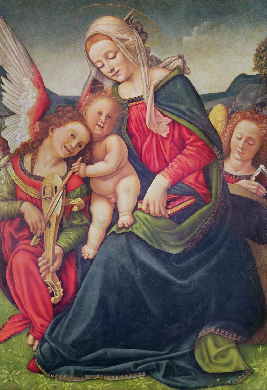 Jomfru og barn og englemusikere (olie på træ) af Piero di Cosimo