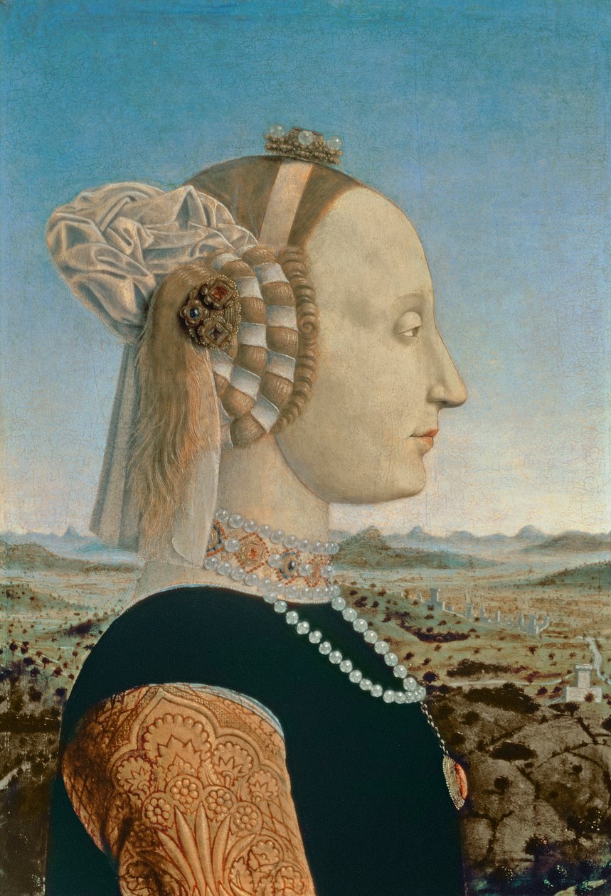 Battista Sforza, kone til Federigo da Montefeltro, hertug af Urbino, ca. 1465 (detalje fra 95420) af Piero della Francesca