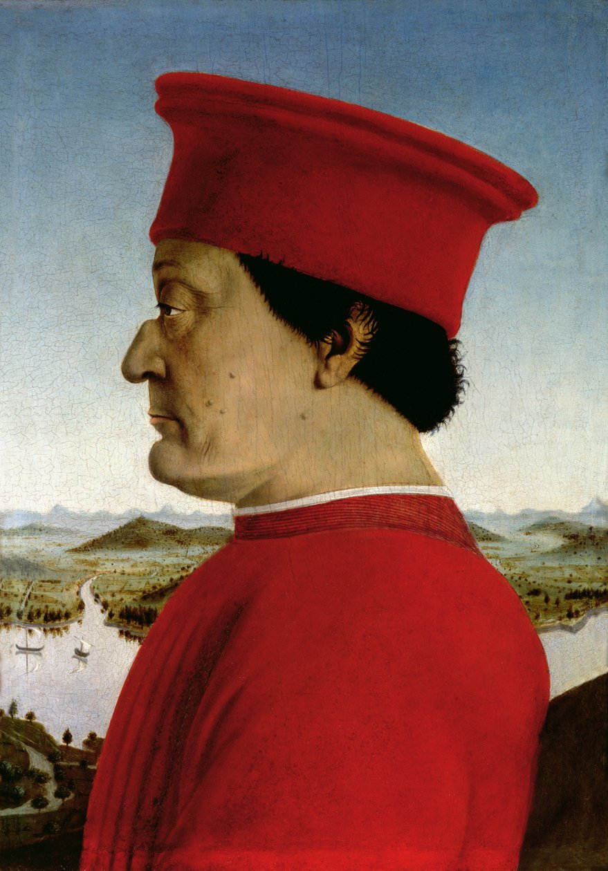Federigo da Montefeltro (1422-82) hertug af Urbino, ca. 1465 (tempera på panel) (for bagside se 69441-42) (detaljer fra 95420) af Piero della Francesca