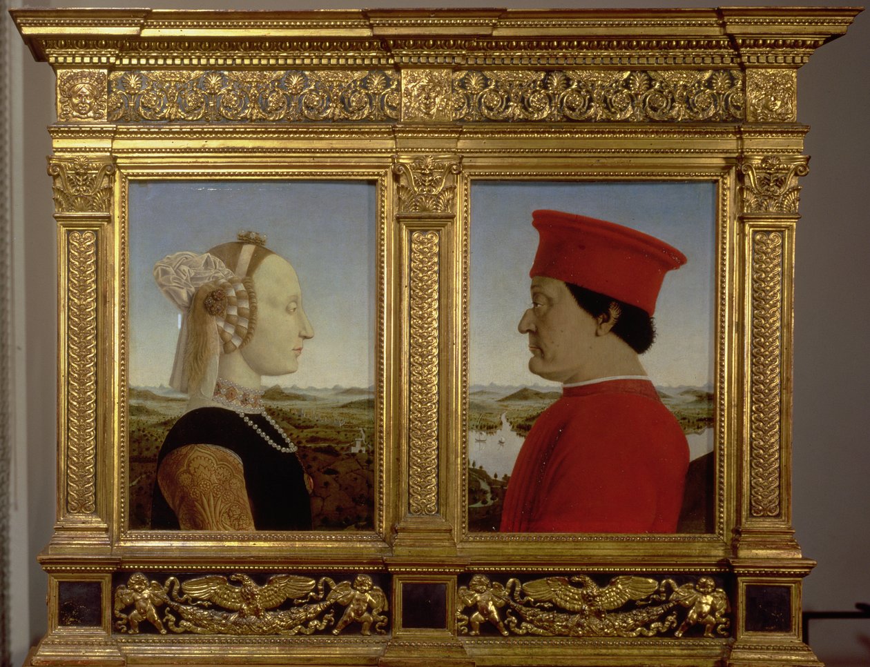 Portrætter af hertug Federico da Montefeltro (1422-82) og Battista Sforza, ca. 1465 (tempera på panel) af Piero della Francesca