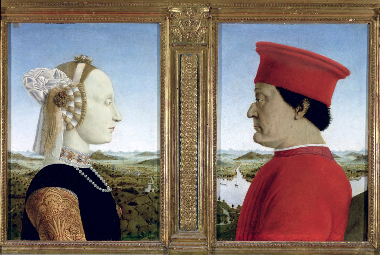 Portrætter af hertug Federico da Montefeltro (1422-82) og Battista Sforza, ca. 1465 (tempera på panel) (se også 95420) af Piero della Francesca