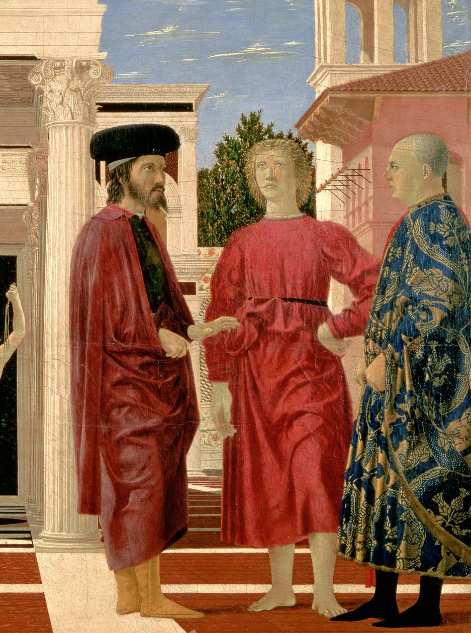 Kristi flagellation detalje af de tre figurer i forgrunden o. 1459 olie og tempera på panel af Piero della Francesca