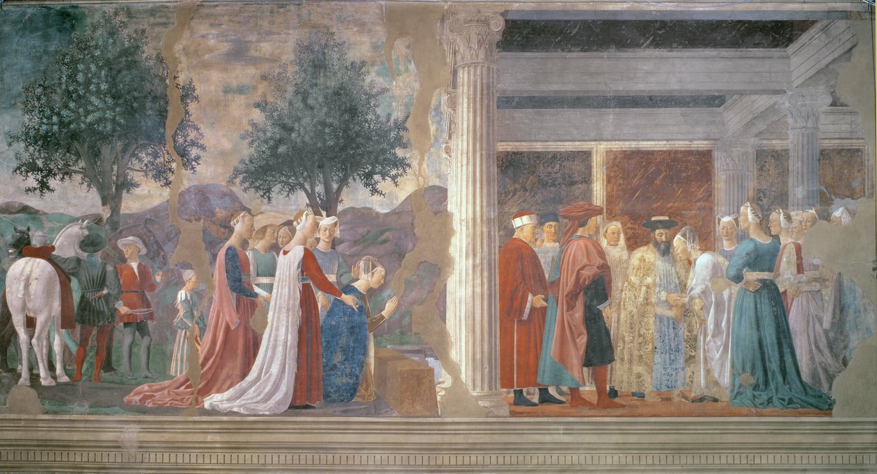 Dronningen af Saba tilbeder det sande korsets træ og Kong Salomons modtagelse af dronningen af Saba (ca.1015-977) fra Legenden om det sande kors, afsluttet 1464 af Piero della Francesca