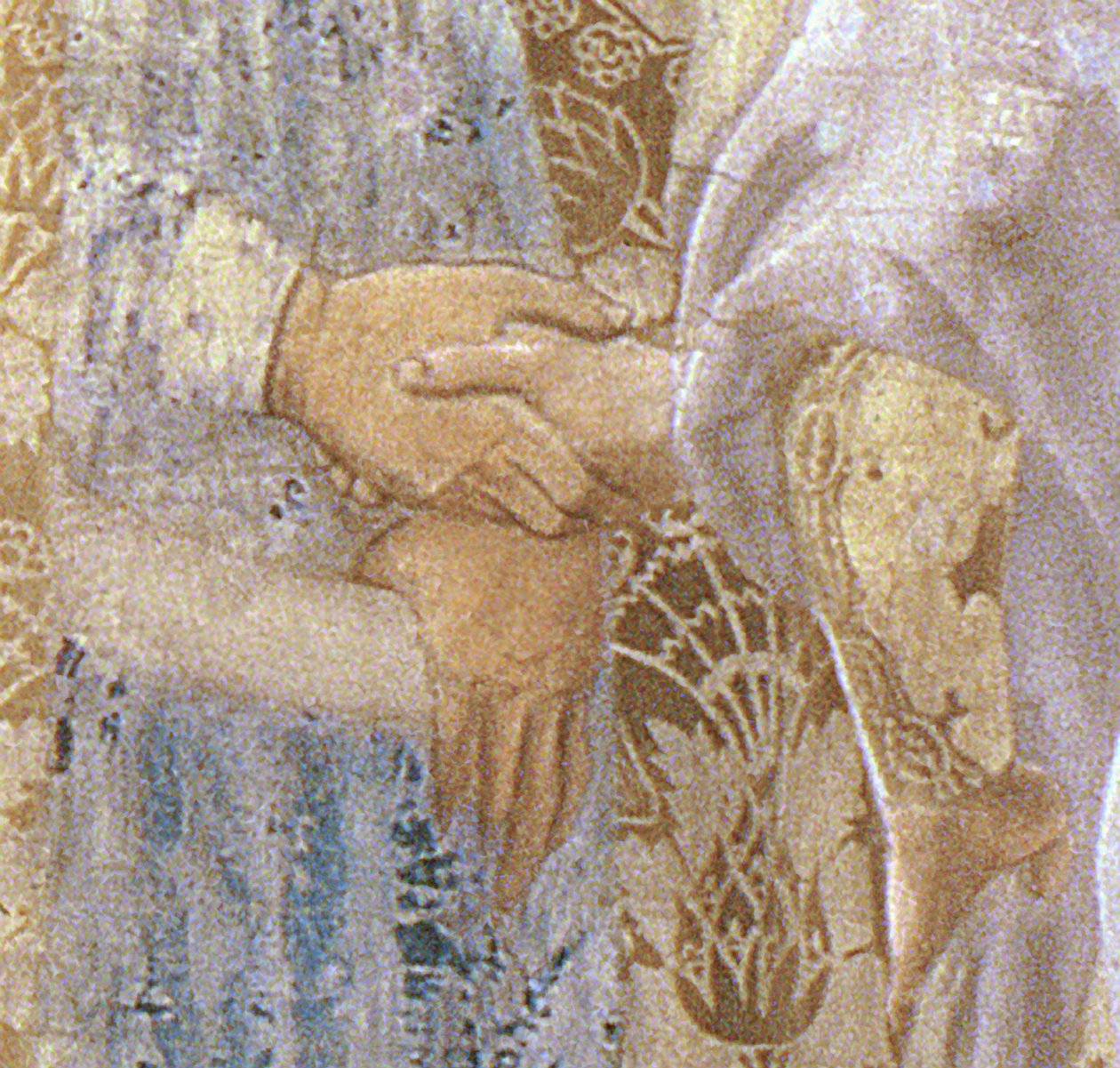 Modtagelsen af dronningen af Saba af kong Salomon ca. 1015-977 fra legenden om det sande kors cyklus, detalje af hænderne, afsluttet 1464 fresco detalje af 109786 af Piero della Francesca