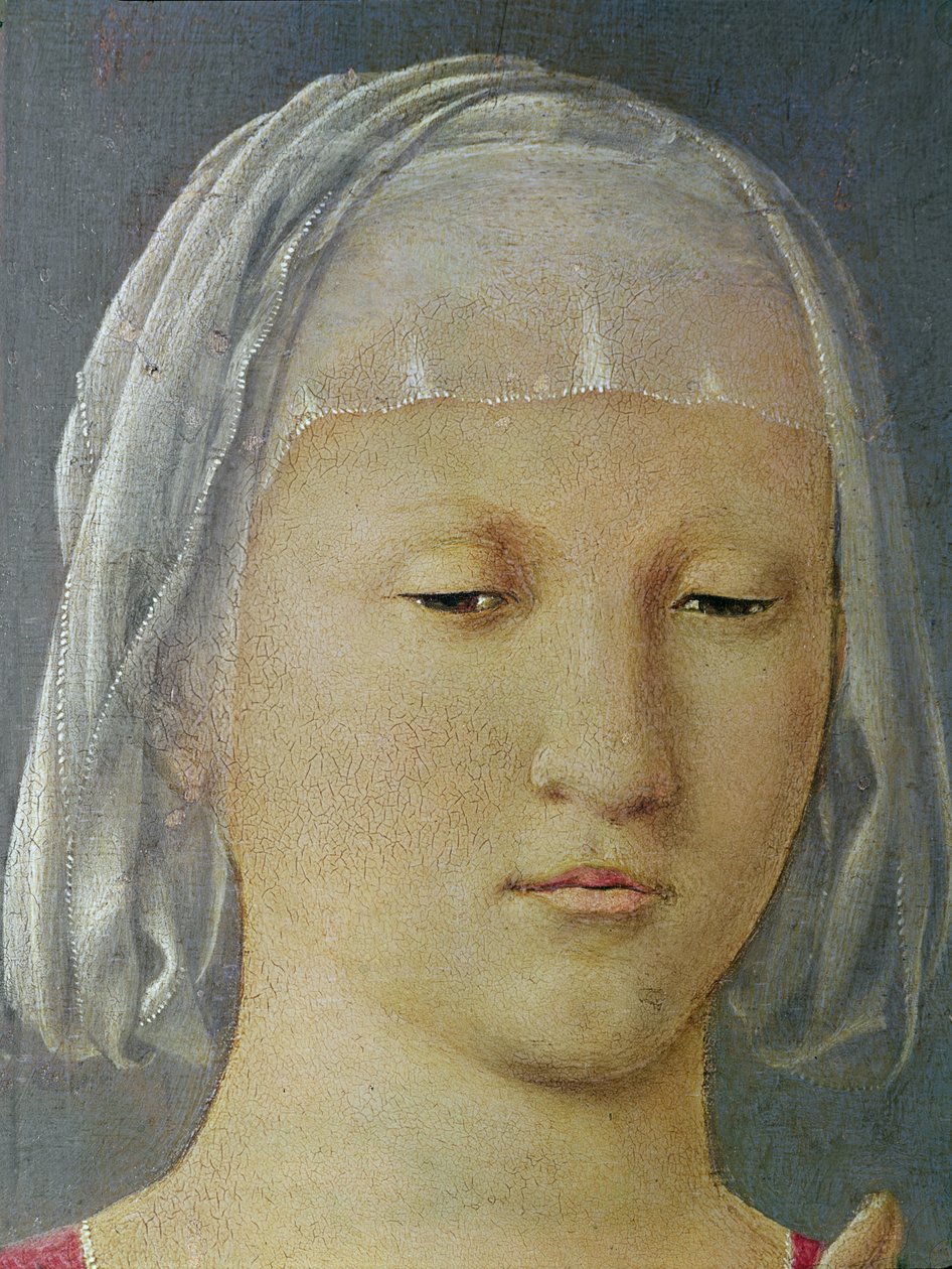 Jomfruen og barnet mellem to engle, kendt som Madonna af Senigallia detalje af Jomfruens hoved, c.1472 olie på træ af Piero della Francesca