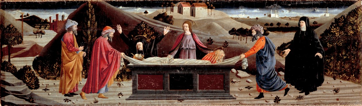 Polyptykon af Misericordia: omkring Jesu Kristi legeme: Sankt Johannes, Jomfru Maria, Sankt Maria Magdalena, Sankt Josef af Arimathia og Sankt Nikodema af Piero della (school of) Francesca