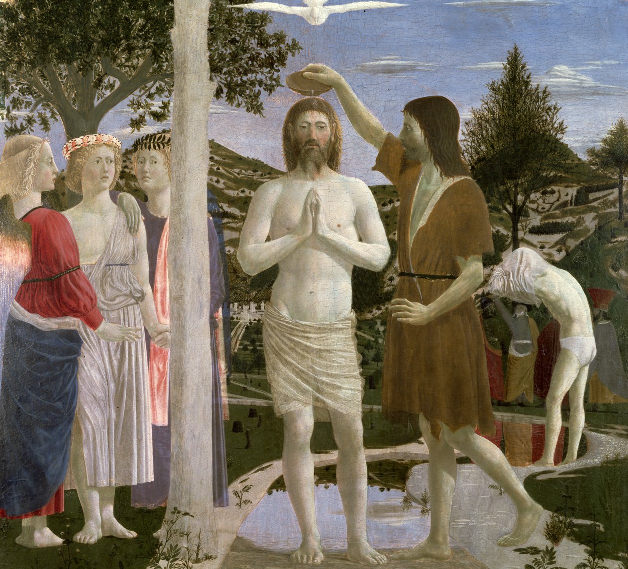 Kristi dåb, detalje af Kristus, Johannes Døberen og engle, 1450, æg-tempera på panel af Piero della Francesca