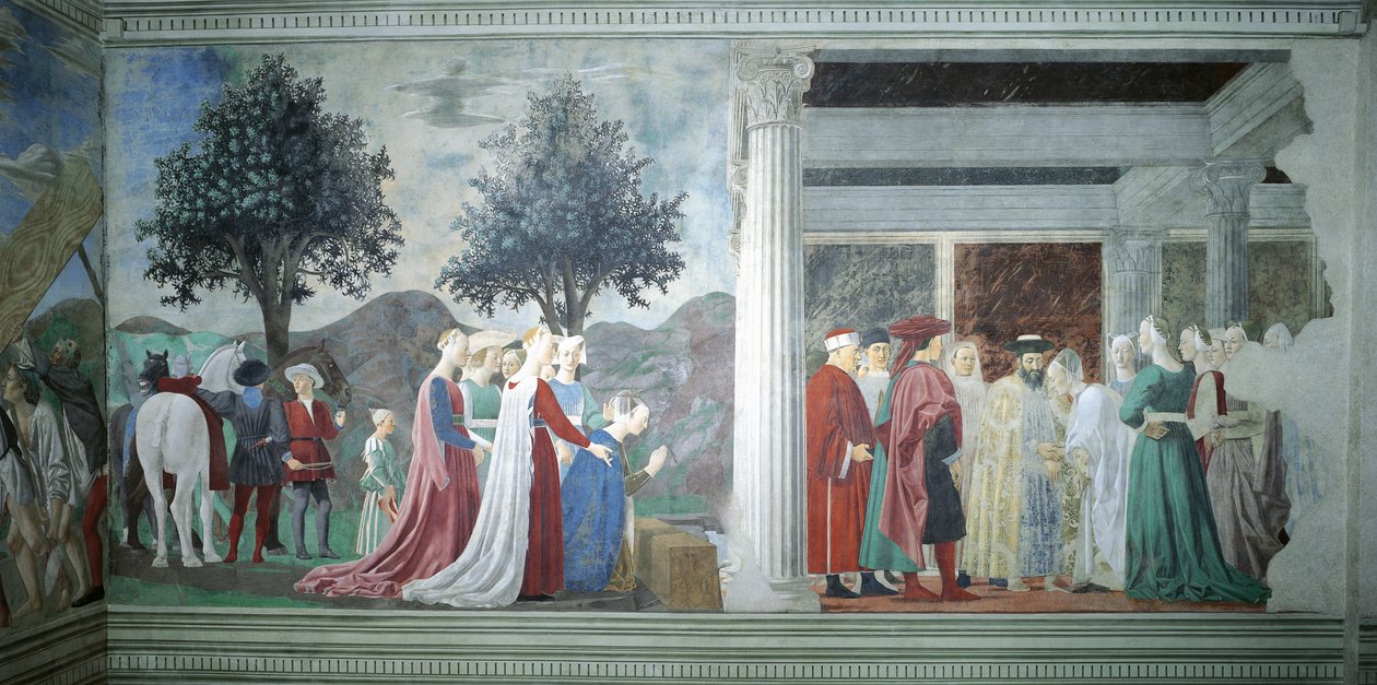 Detalje fra legenden om det sande kors, der viser tilbedelse af det hellige træ og mødet mellem dronning af Saba og kong Salomon, af Piero della Francesca af Piero della Francesca
