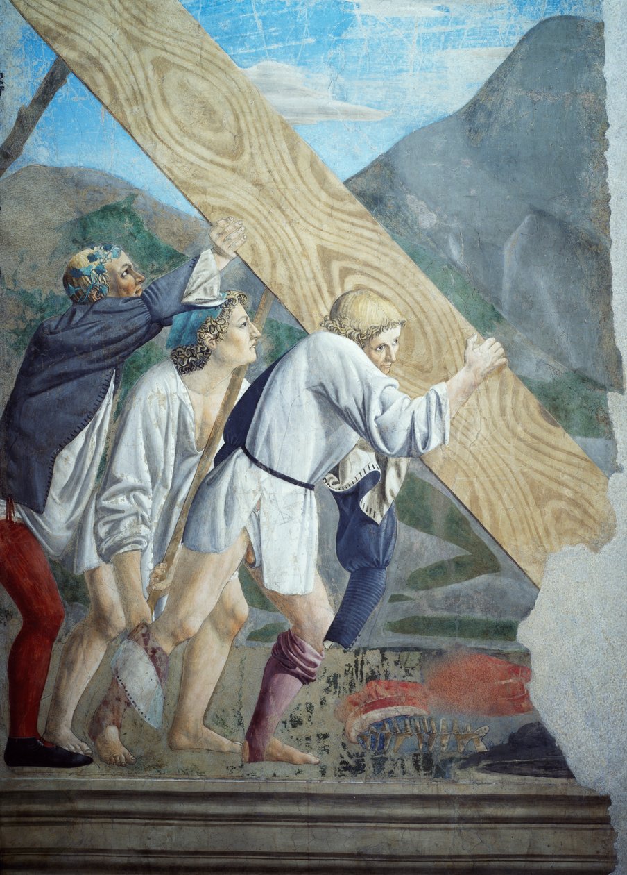 Detalje fra legenden om det sande kors, der viser transport af helligt træ af Piero della Francesca af Piero della Francesca
