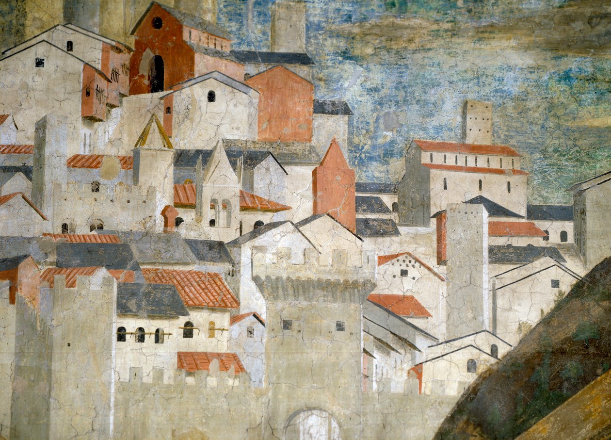Detalje af dronningen af Sheba, der tilbeder broen lavet af det sande kors skov, Jerusalem, færdiggjort 1464 freskodetalje af 55432 af Piero della Francesca