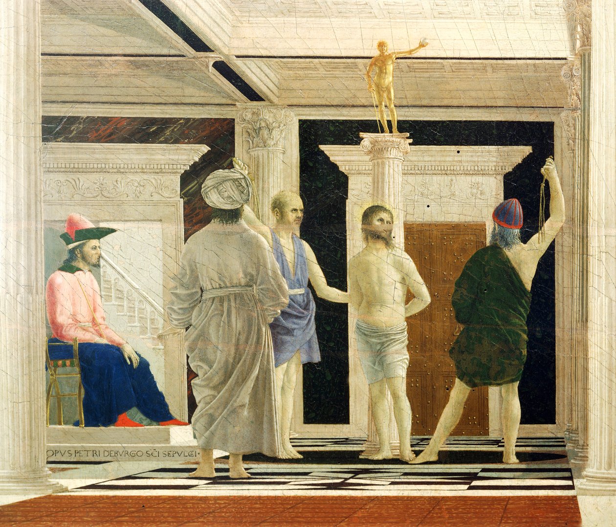 Flagellation of Christ af Piero della Francesca (1412-1492), Tempera på panel, 58x81,5 cm, detalje af Piero della Francesca