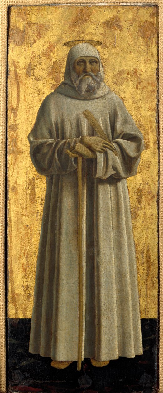 Polyptic of Misericorde: Jomfruen af Misericorde, omgivet af helgener. Detalje, der forestiller Sankt Benedikt af Nursie. Maleri på træ af Piero della Francesca (1415/20-1492) 1445-1460 Dim. 54x21 cm Sansepolcro, Pinacoteca Comunale af Piero della Francesca