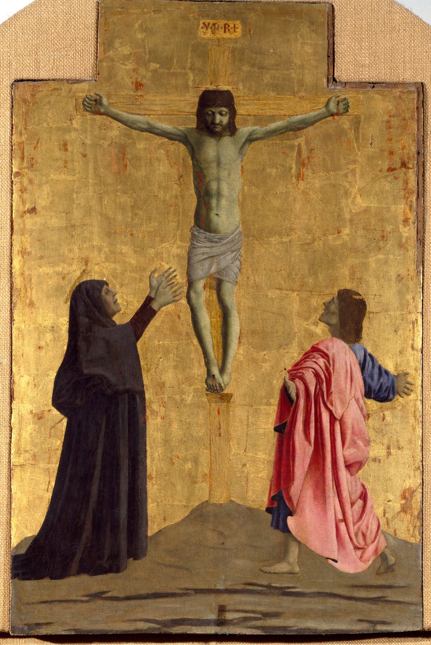 Polyptic of Misericorde: Jomfruen af Misericorde, omgivet af helgener. Detalje, der forestiller korsfæstelsen med inskriptionen "" INRI"" på korset Træmaleri af Piero della Francesca (1415/20-1492) 1445-1460 Dim. 81x52,5 cm Sansepolcro, Pinacoteca C af Piero della Francesca