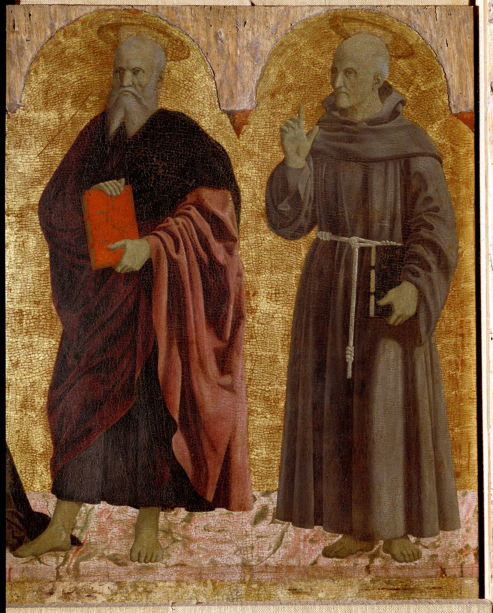Polyptic of Misericorde: Jomfruen af Misericorde, omgivet af helgener. Detalje, der afbilder Sankt Andre og Sankt Bernardino af Siena (Bernardino da Siena eller Bernardino degli Albizzeschi af Piero della Francesca