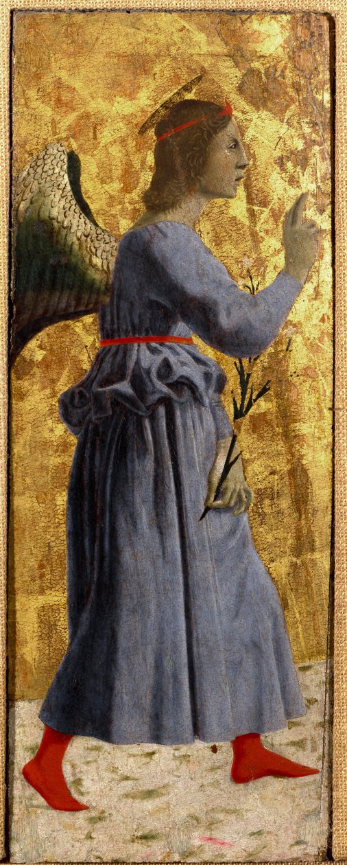 Polyptic of Misericorde: Jomfruen af Misericorde, omgivet af helgener. Detalje, der repræsenterer bebudelsens engel. Maleri på træ af Piero della Francesca (1415/20-1492) 1445-1460 Dim. 55x20 cm Sansepolcro, Pinacoteca Comunale af Piero della Francesca