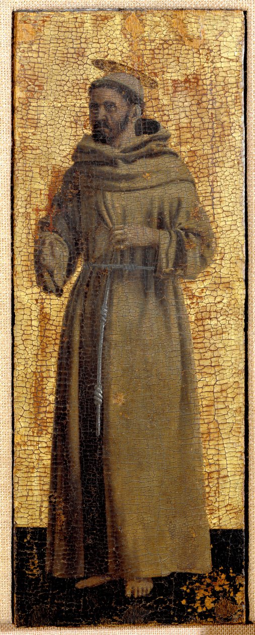 Polyptic of Misericorde: Jomfruen af Misericorde, omgivet af helgener. Detalje, der repræsenterer Saint Francois af Assisi. Maleri på træ af Piero della Francesca (1415/20-1492) 1445-1460 Dim. 54x21 cm Sansepolcro, Pinacoteca Comunale af Piero della Francesca