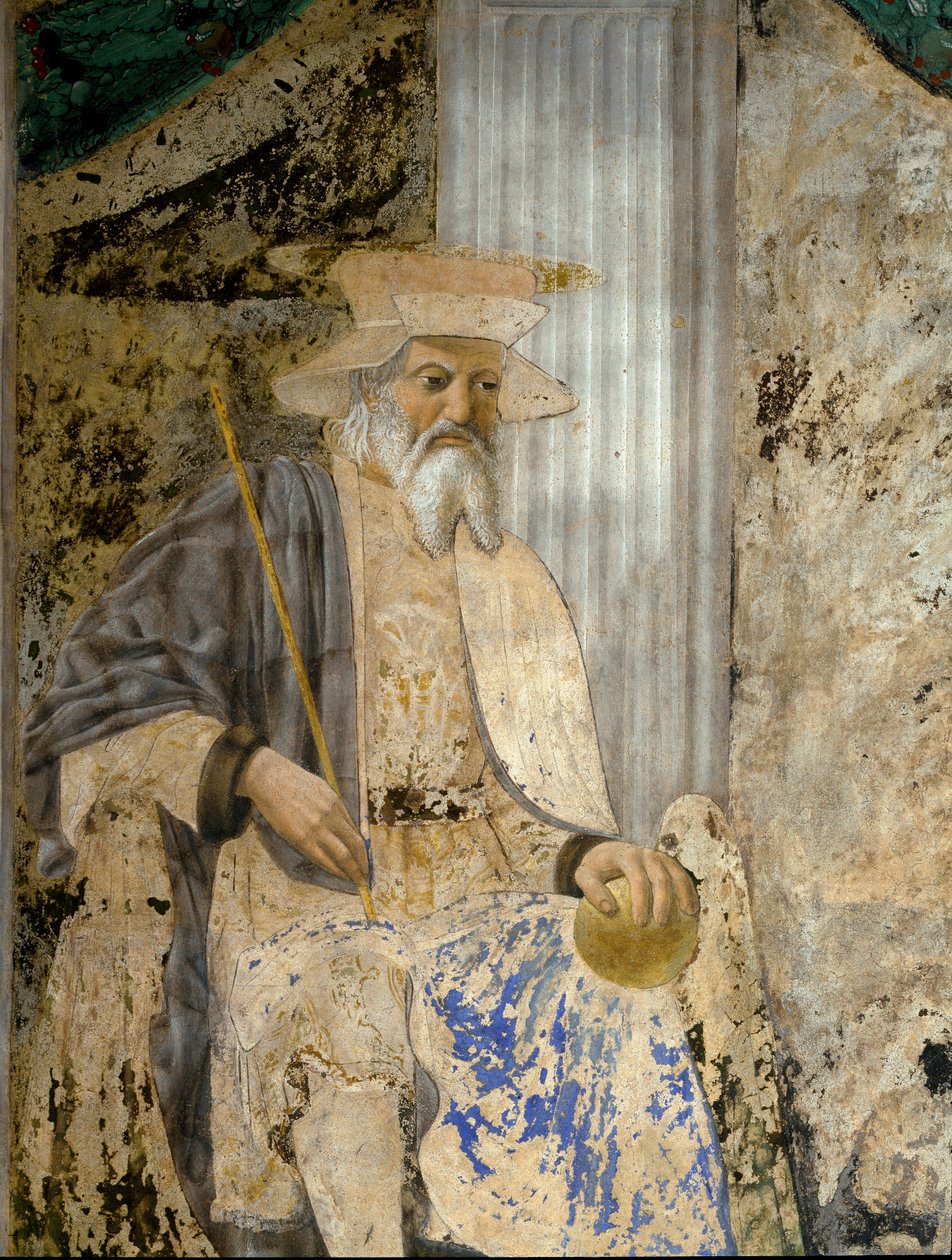 Portræt af Sigismondo Pandolfo Malatesta (1417-1468) i bøn før San Sigismondo (Sigismondo). Detalje af helgenen. Fresco af Pietro di Benedetto dei Franceschi dit Piero della Francesca (1422-1492) af Piero della Francesca
