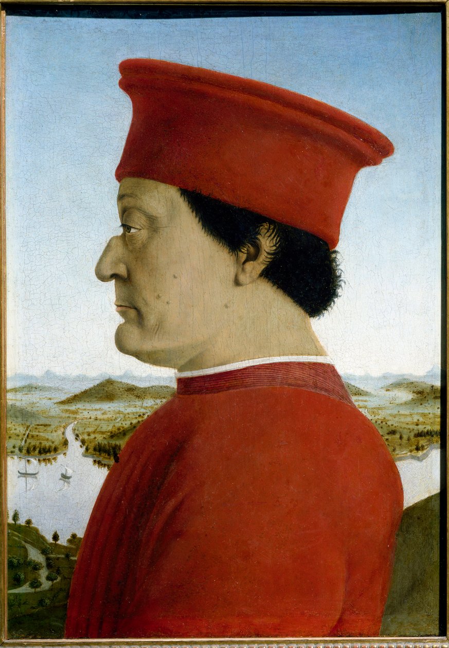 Portrætter af Federico de Montefeltro, hertug af Urbino og Battista Sforza. Detalje, der repræsenterer Federico da Montefeltro af Piero della Francesca