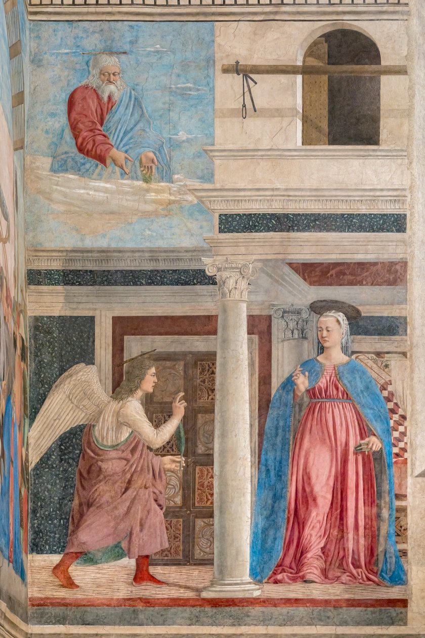 Bebudelsen, detalje af Historierne om det sande kors (fresko) af Piero della Francesca