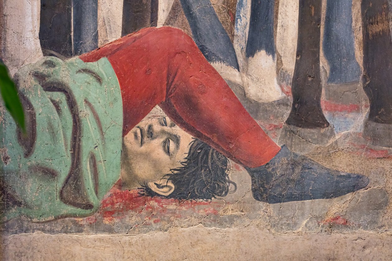 Slaget mellem Heraklius og Chosroes, detalje af Historierne om det sande kors: dræbt mand (fresko) af Piero della Francesca