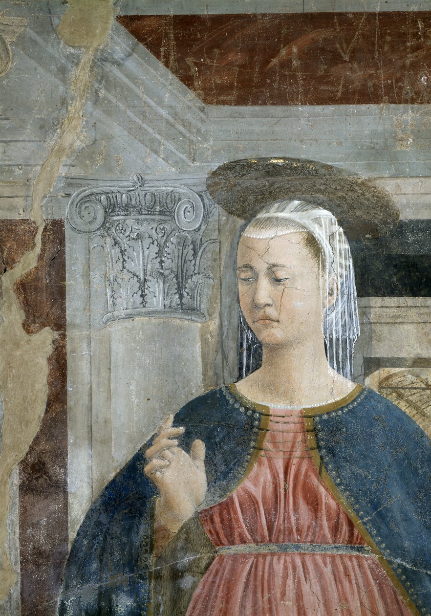 Legenden om det sande kors, bebudelsen, detalje af jomfruen, færdiggjort 1464 freskodetalje af 58292 af Piero della Francesca