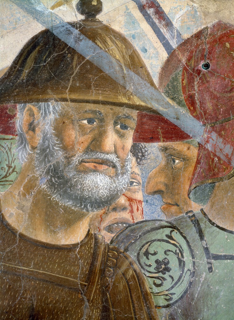 Legenden om det sande kors, slaget ved Heraclius og Chosroes, detalje af en skægget soldat, færdiggjort fresko fra 1464 af Piero della Francesca