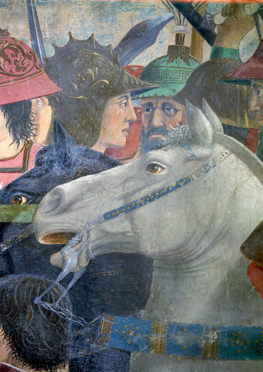 Legenden om det sande kors, slaget ved Heraclius og Chosroes, detalje af en hest og soldater, færdiggjort 1464 fresko af Piero della Francesca