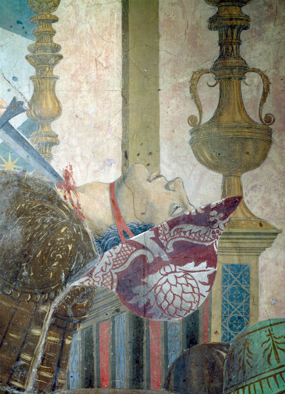 Legenden om det sande kors, slaget ved Heraclius og Chosroes, detalje af en mand, der får halsen skåret over, færdiggjort fresko fra 1464 af Piero della Francesca