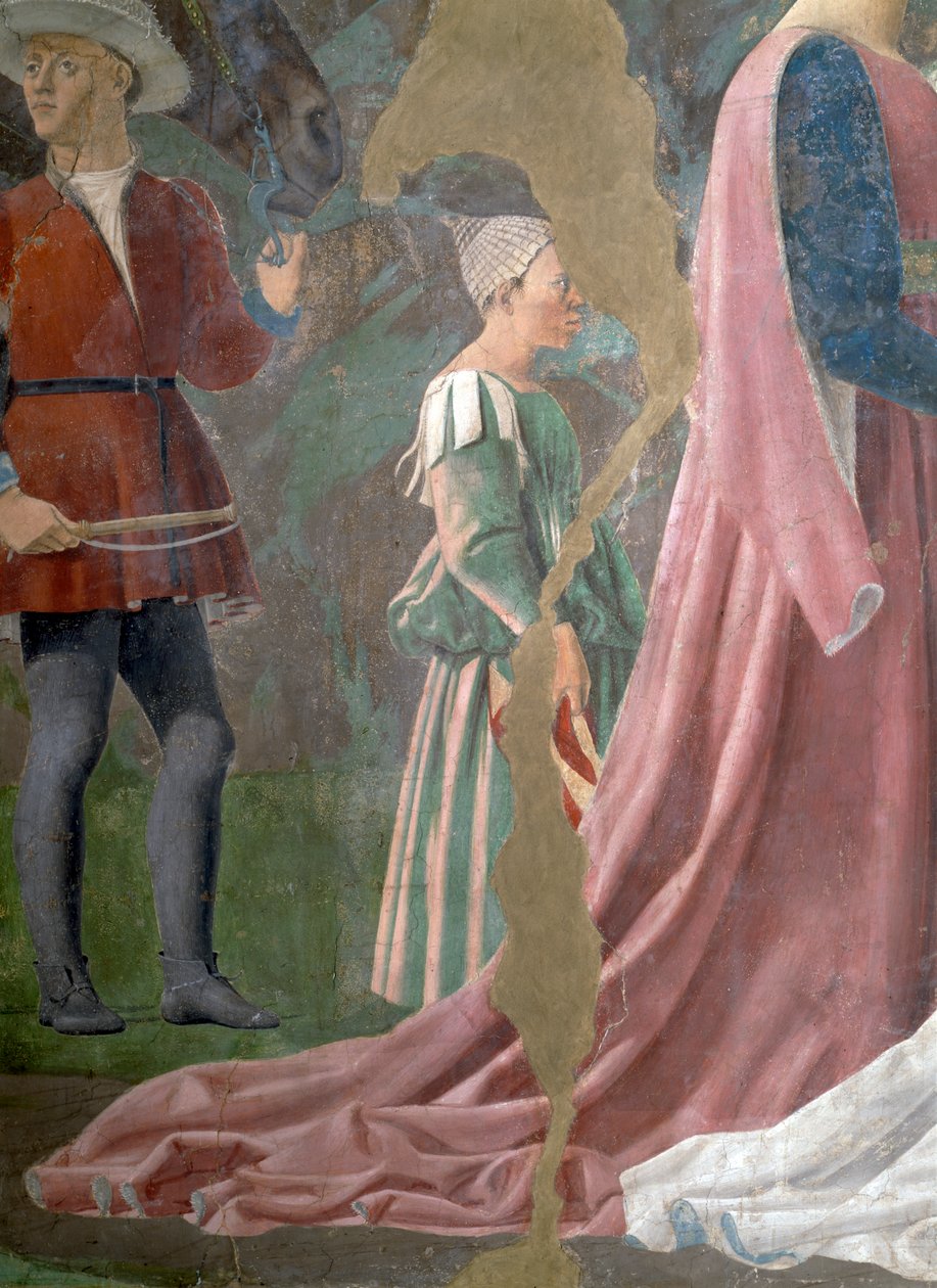 Legenden om det sande kors, dronningen af Saba, der tilbeder korsets skov, detalje af en ledsager, færdiggjort fresko fra 1464 af Piero della Francesca