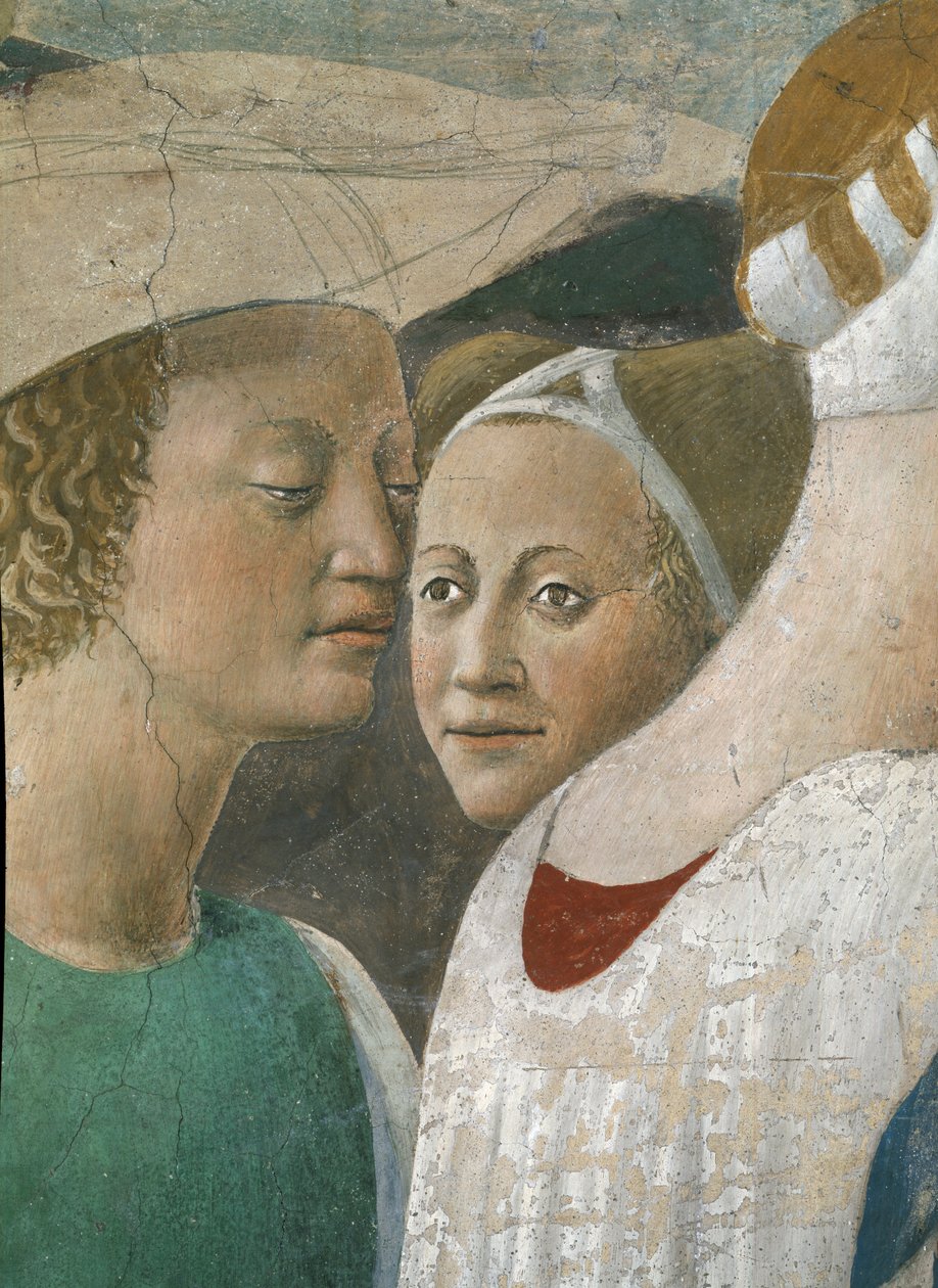 Legenden om det sande kors, dronningen af Saba, der tilbeder korsets skov, detalje af to ledsagere, færdiggjort fresko fra 1464 af Piero della Francesca