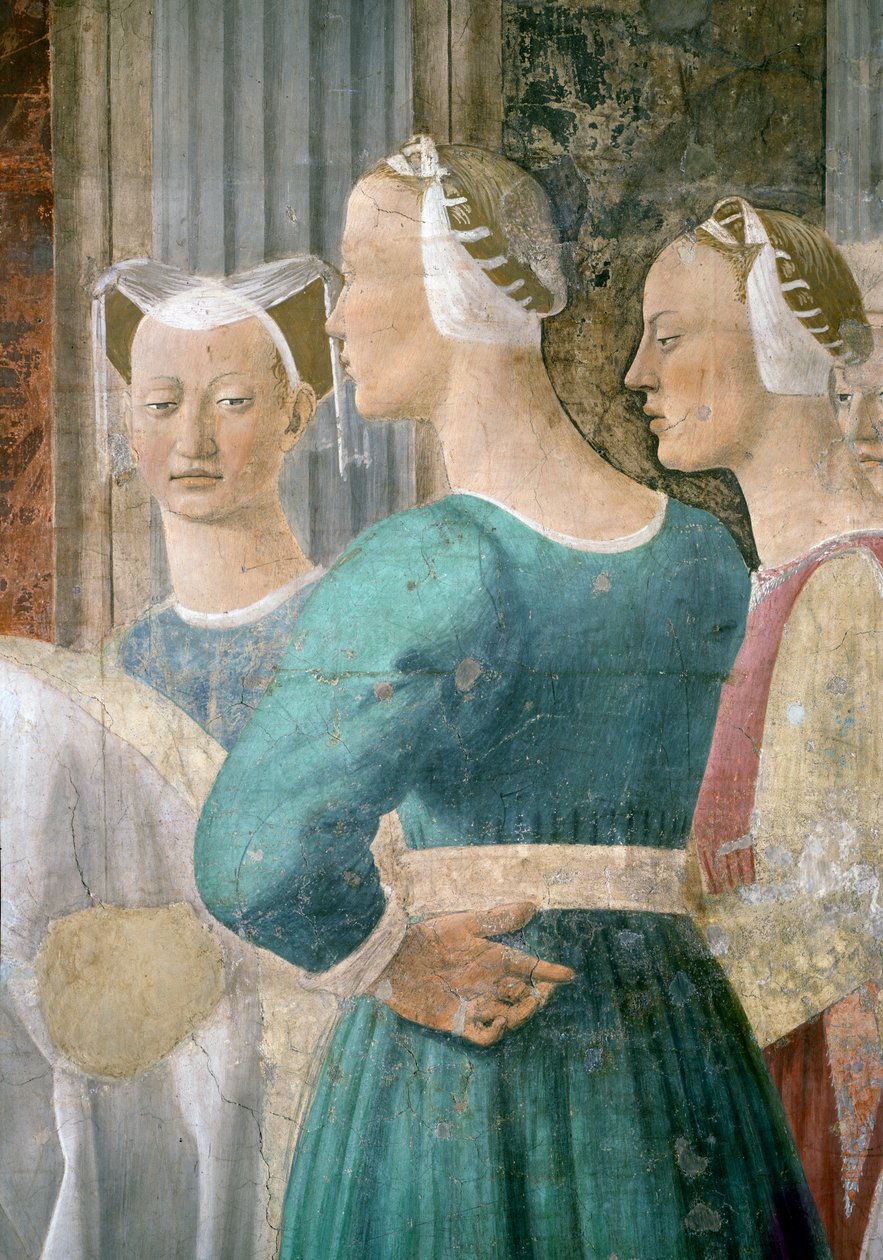 Legenden om det sande kors, dronningen af Saba, der tilbeder korsets skov, detalje af tre kvindelige ledsagere, færdiggjort 1464 fresko af Piero della Francesca