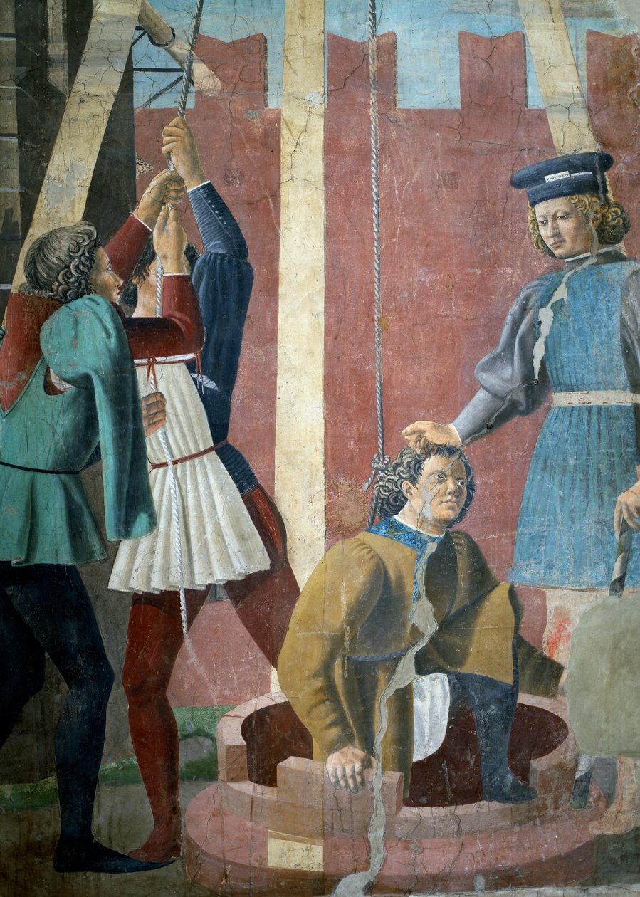 Legenden om det sande kors, jødens tortur, detalje af Judas, der bliver trukket fra brønden, færdiggjort 1464 fresko-detalje af 58293, se også 116372 af Piero della Francesca