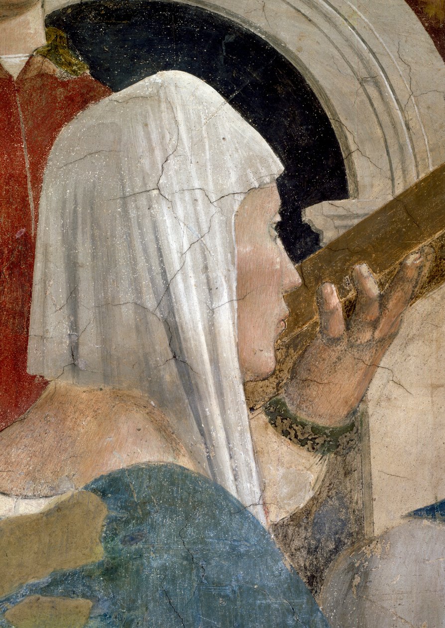 Legenden om det sande kors, verifikationen af korset, detalje af dronningen af Sheba, der kysser korset, færdiggjort fresko fra 1464 af Piero della Francesca