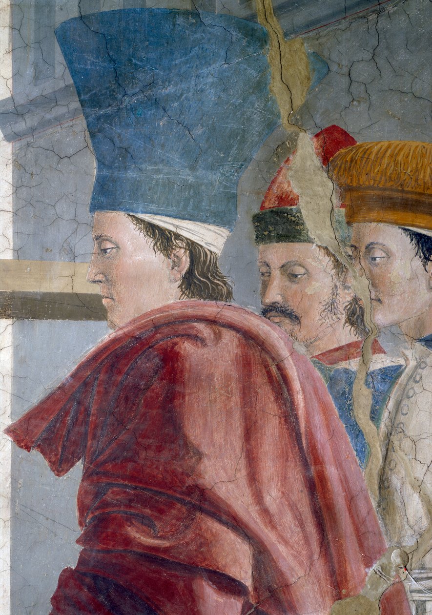 Legenden om det sande kors, verifikationen af det sande kors, detalje af tre mandlige ledsagere, færdiggjort 1464 fresko af Piero della Francesca